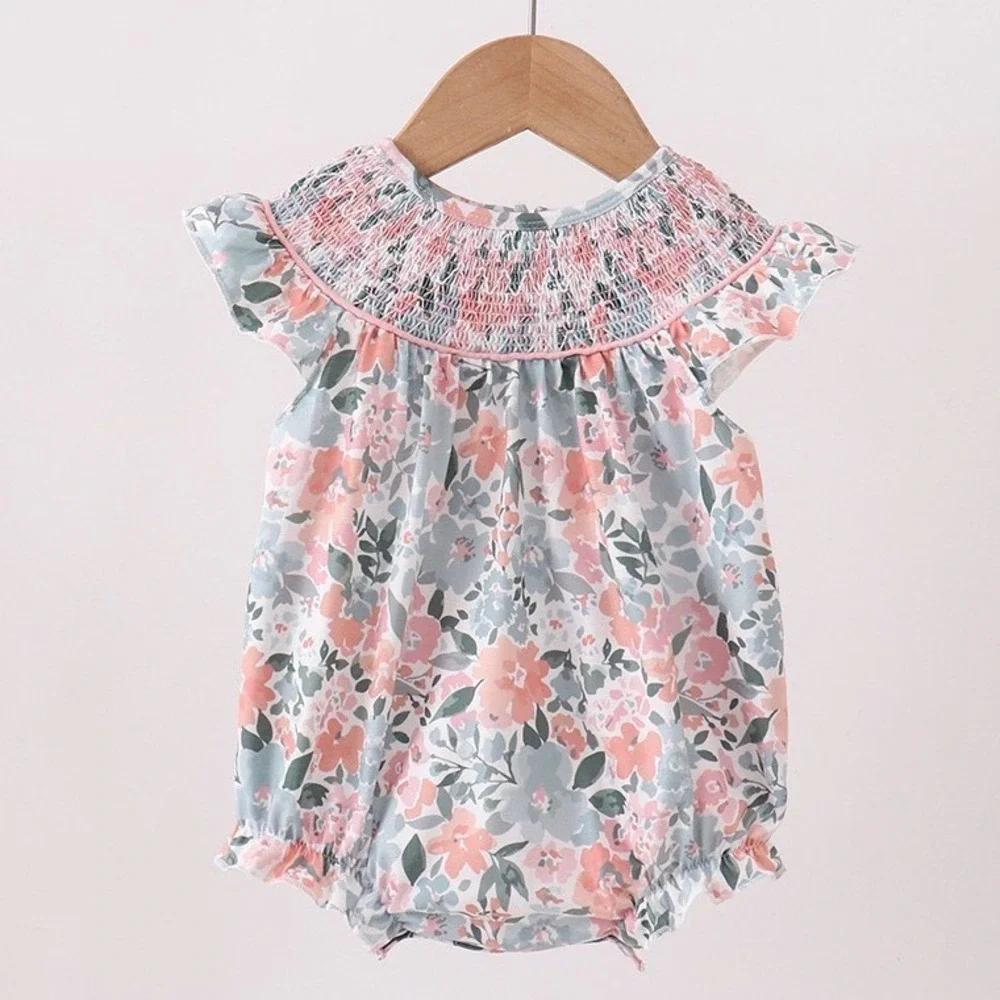 Abby & Evie Baby Girl Floral Smocked Bubble Romper Pink Blue 12M NWT